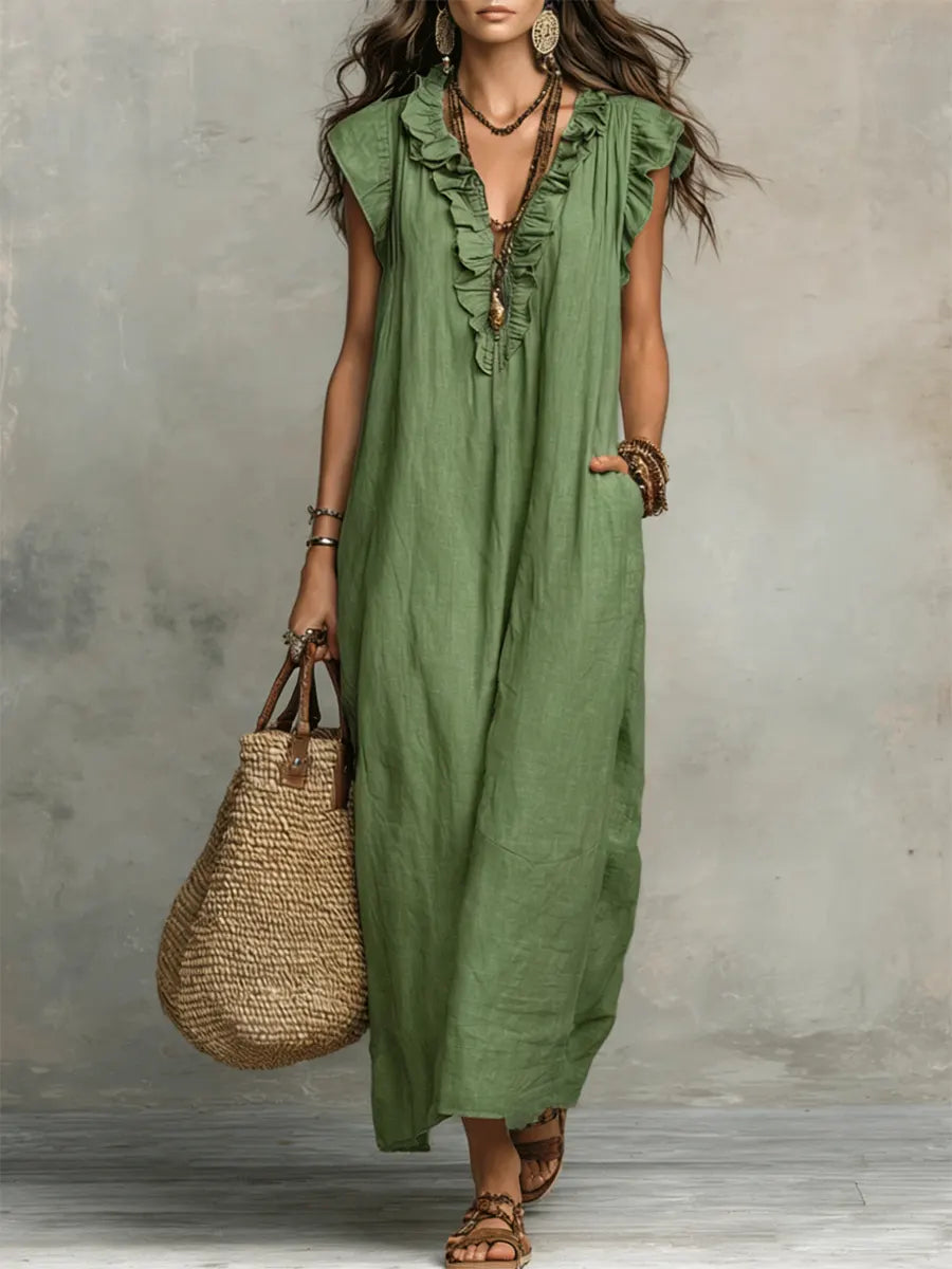 Priscilla | Ruffle V Neck Sleeveless Linen Blend Casual Maxi Dress
