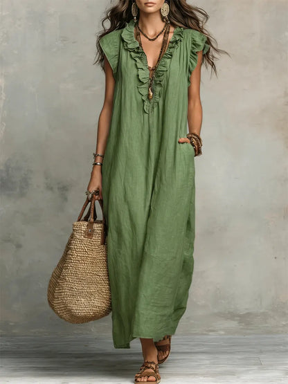 Priscilla | Ruffle V Neck Sleeveless Linen Blend Casual Maxi Dress