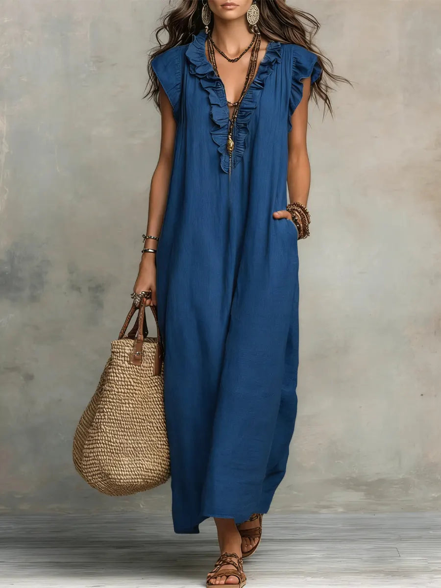 Priscilla | Ruffle V Neck Sleeveless Linen Blend Casual Maxi Dress