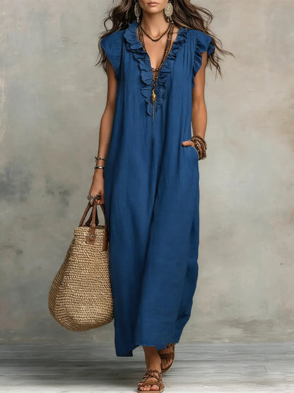 Priscilla | Ruffle V Neck Sleeveless Linen Blend Casual Maxi Dress