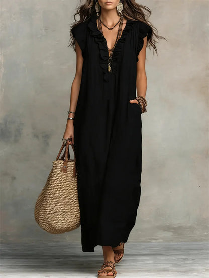 Priscilla | Ruffle V Neck Sleeveless Linen Blend Casual Maxi Dress