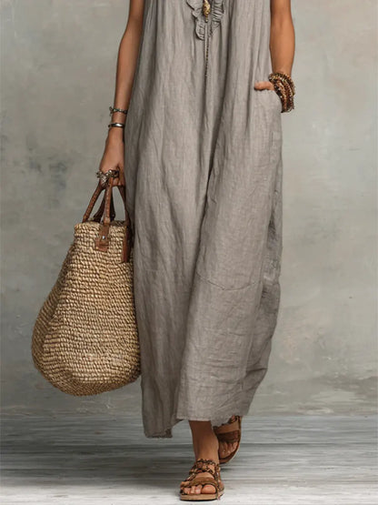 Priscilla | Ruffle V Neck Sleeveless Linen Blend Casual Maxi Dress