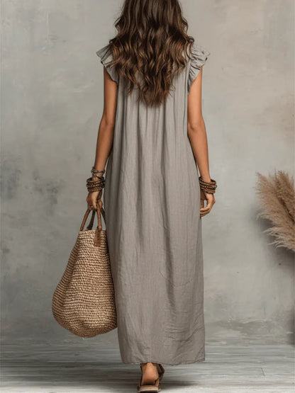 Priscilla | Ruffle V Neck Sleeveless Linen Blend Casual Maxi Dress
