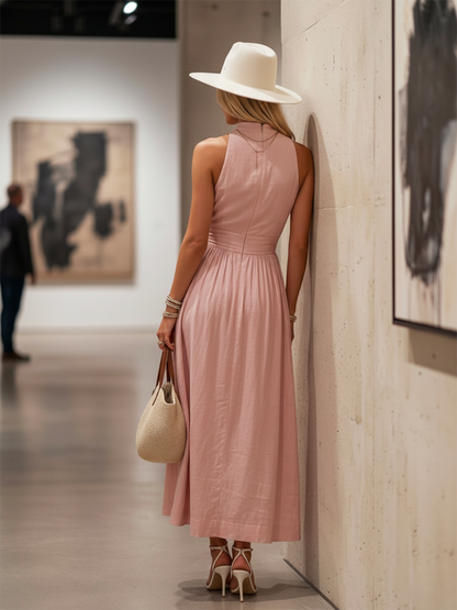 Ravenna | Deep V Halter Neck Ruched Waist A Line Elegant Maxi Dress
