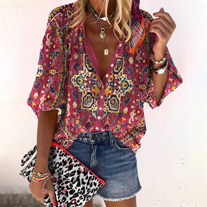 Isla | Boho Floral Print V Neck Button Down Long Sleeve Blouse
