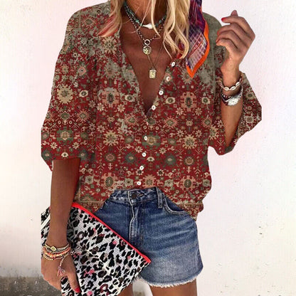 Isla | Boho Floral Print V Neck Button Down Long Sleeve Blouse