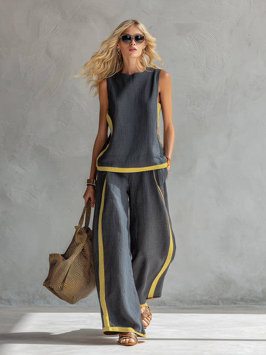 Seraphine | Contrast Trim Sleeveless Top Wide Leg Linen Blend Two Piece Set