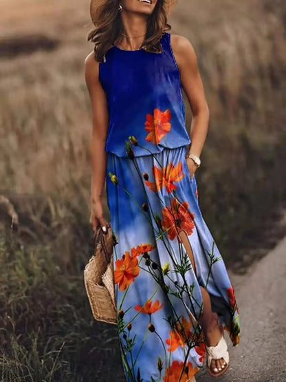 Layla | Tropical Floral Sleeveless Elastic Waist Boho Maxi Dress