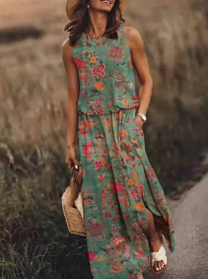 Layla | Tropical Floral Sleeveless Elastic Waist Boho Maxi Dress