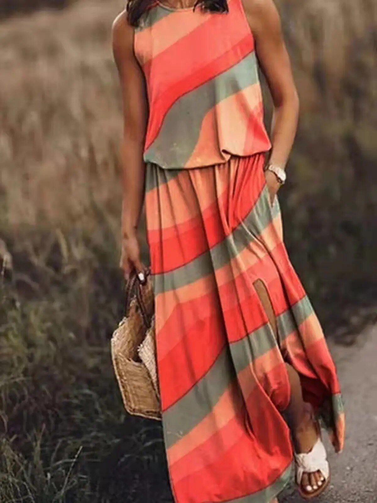 Layla | Tropical Floral Sleeveless Elastic Waist Boho Maxi Dress