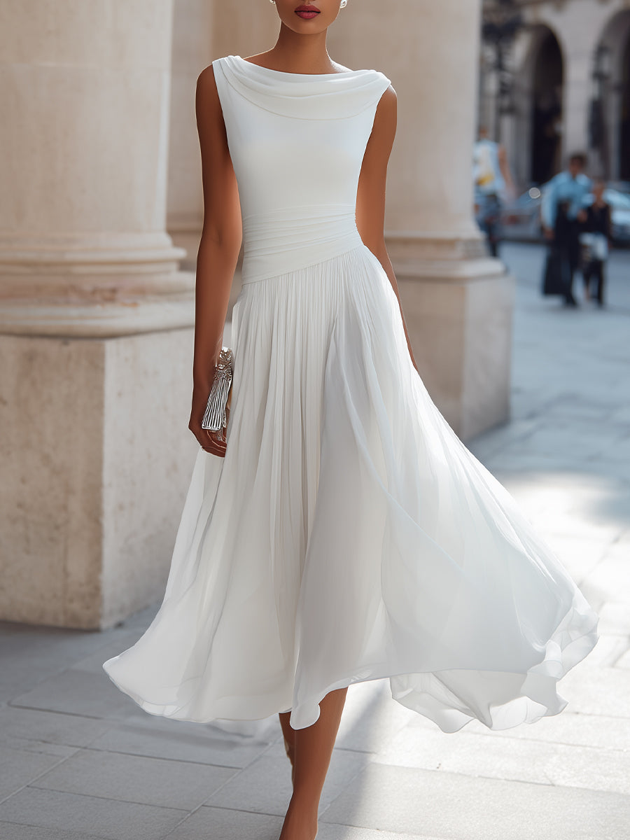 Noir | Draped Cowl Neck Sleeveless Pleated Chiffon Elegant Midi Dress