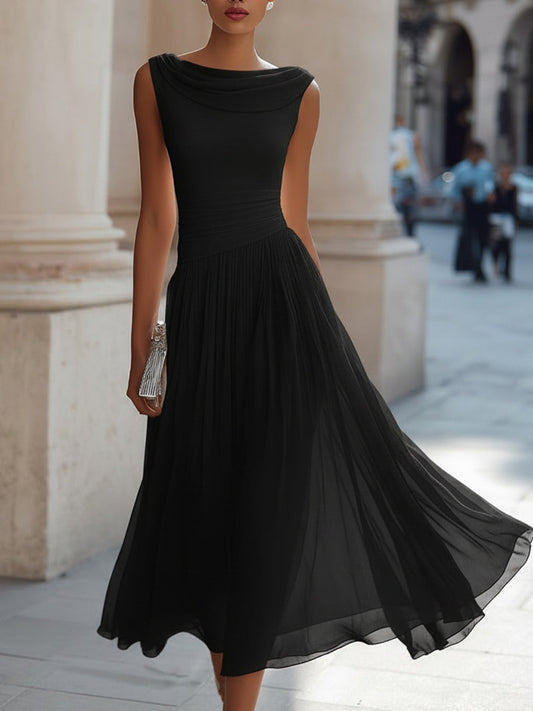 Noir | Draped Cowl Neck Sleeveless Pleated Chiffon Elegant Midi Dress
