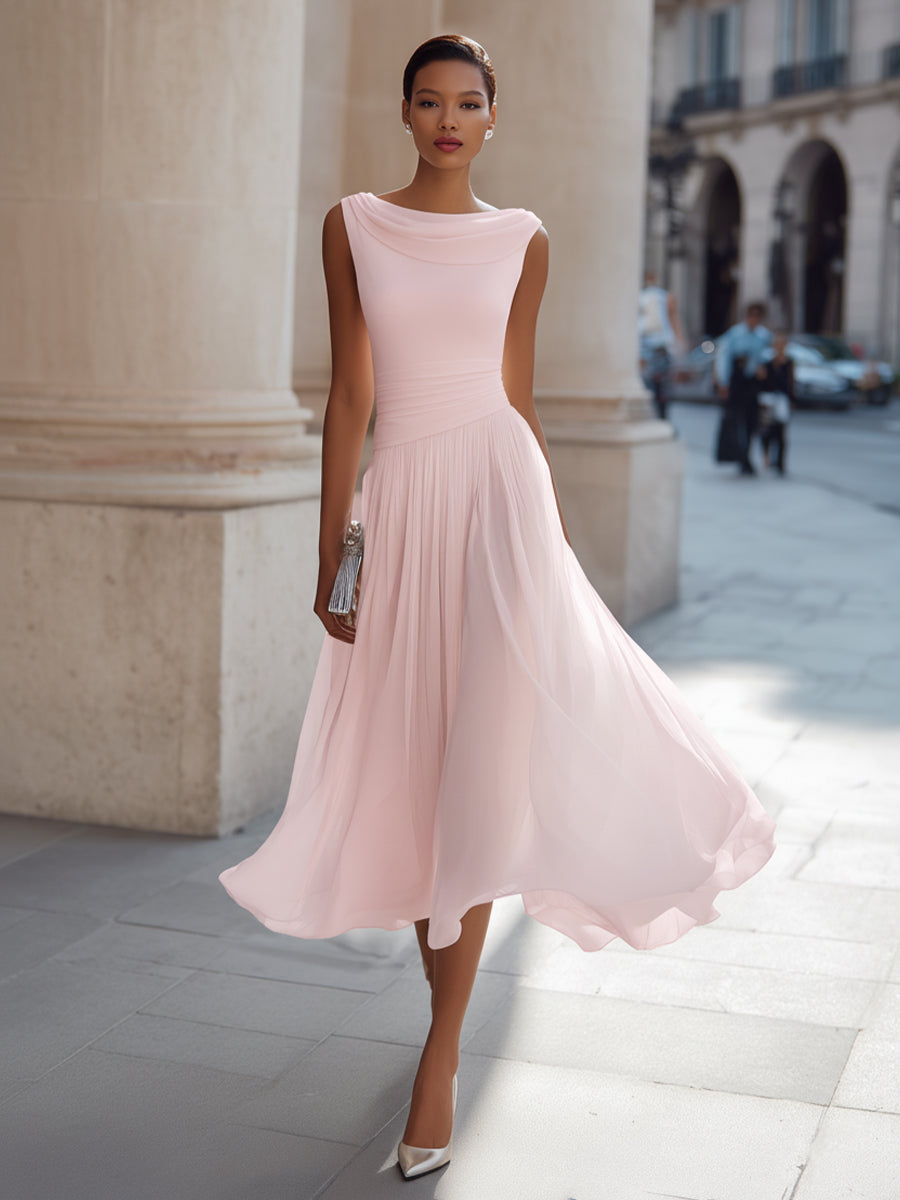 Noir | Draped Cowl Neck Sleeveless Pleated Chiffon Elegant Midi Dress