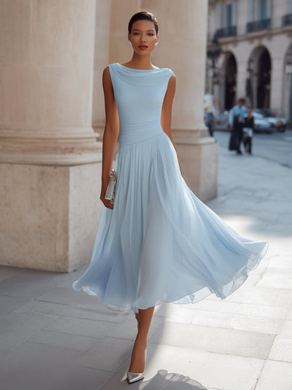 Noir | Draped Cowl Neck Sleeveless Pleated Chiffon Elegant Midi Dress
