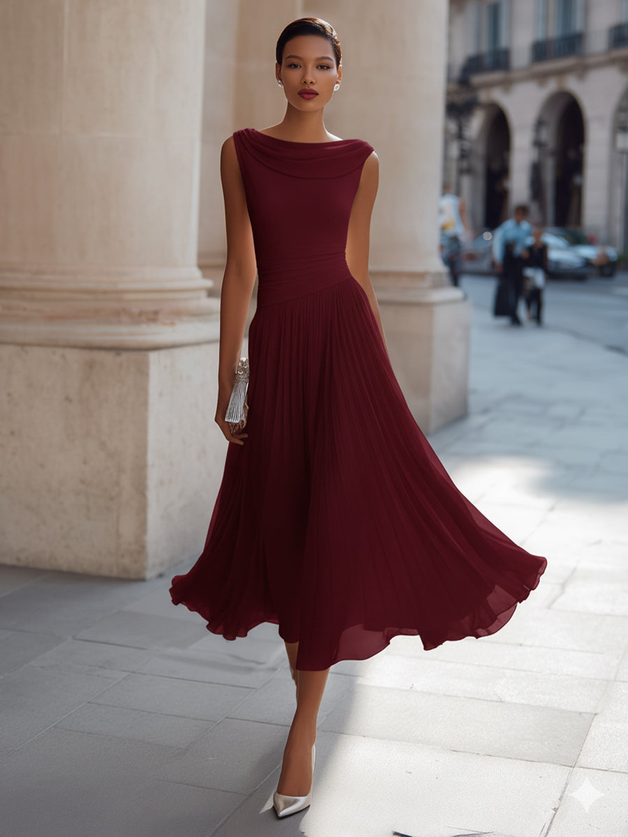 Noir | Draped Cowl Neck Sleeveless Pleated Chiffon Elegant Midi Dress