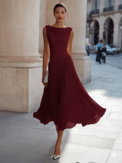 Noir | Draped Cowl Neck Sleeveless Pleated Chiffon Elegant Midi Dress