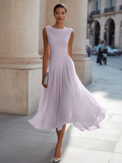 Noir | Draped Cowl Neck Sleeveless Pleated Chiffon Elegant Midi Dress