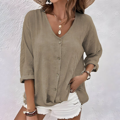 Marcia | V Neck Button Down 3/4 Sleeve Relaxed Casual Blouse