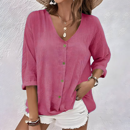 Marcia | V Neck Button Down 3/4 Sleeve Relaxed Casual Blouse