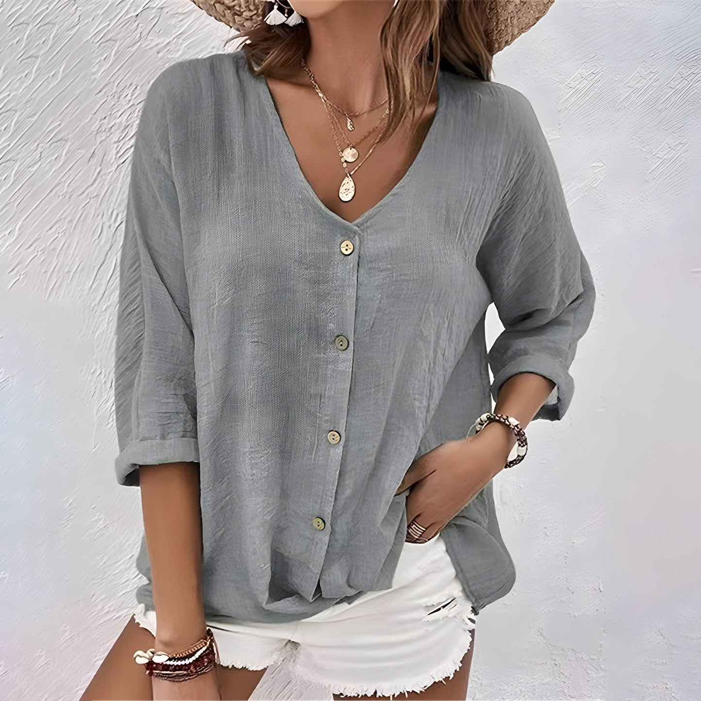 Marcia | V Neck Button Down 3/4 Sleeve Relaxed Casual Blouse