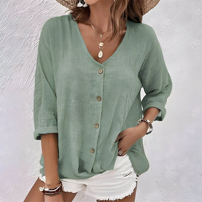Marcia | V Neck Button Down 3/4 Sleeve Relaxed Casual Blouse