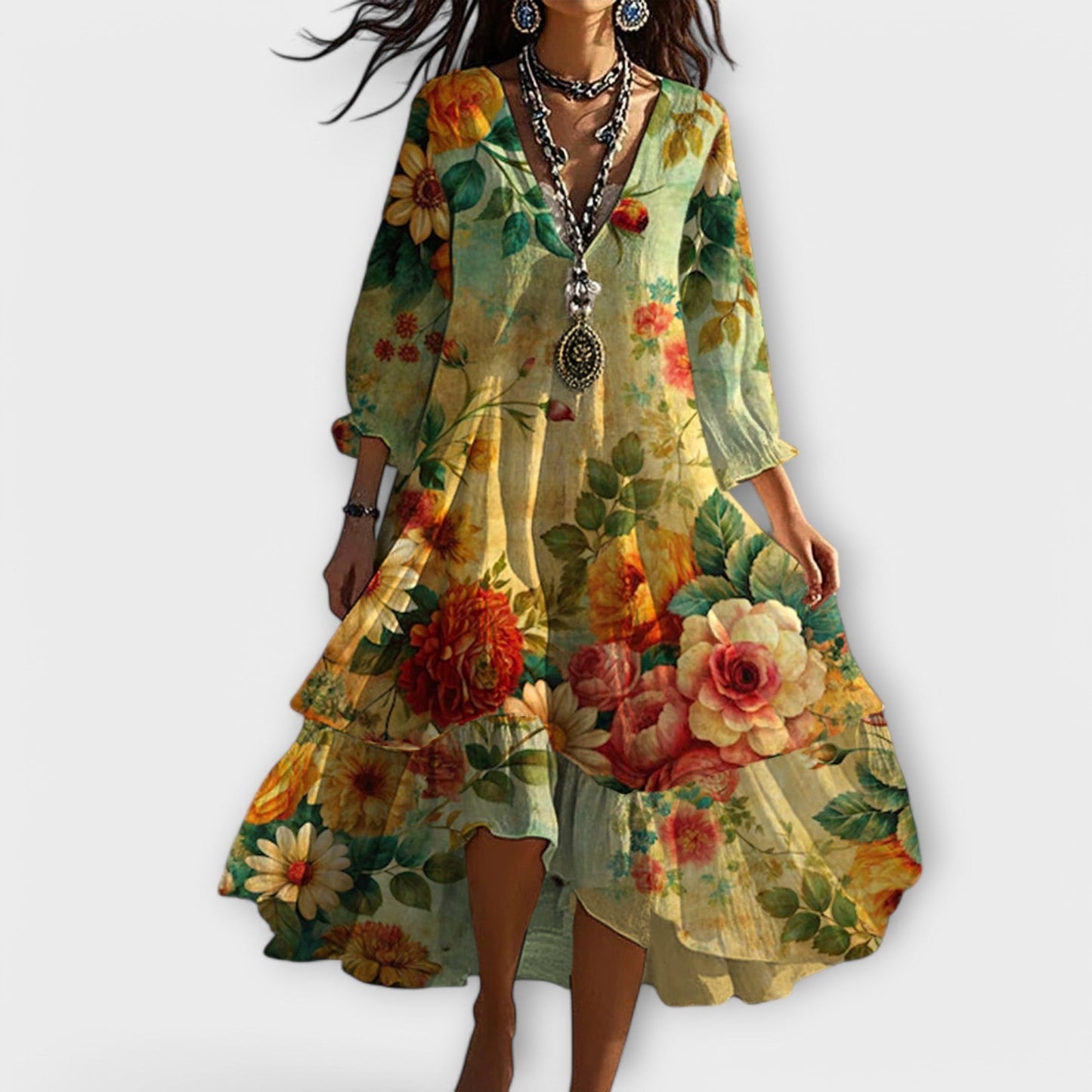 Flora | Floral V Neck 3/4 Sleeve Tiered Loose Boho Midi Dress