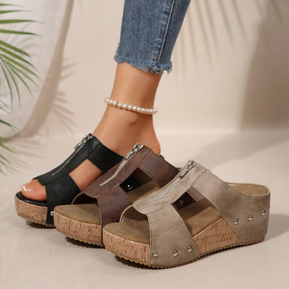 Sela | Wedge Sandals Platform Cork Zip Up Studded