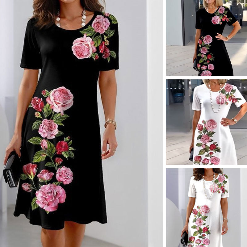 Alexa | Rose Floral Print Scoop Neck Short Sleeve Shift Casual Dress