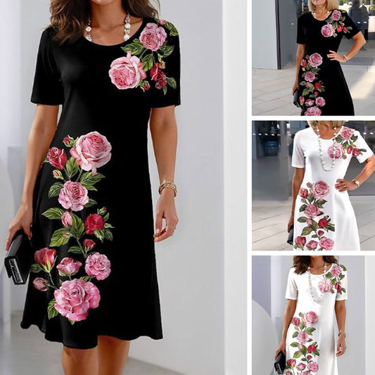 Alexa | Rose Floral Print Scoop Neck Short Sleeve Shift Casual Dress