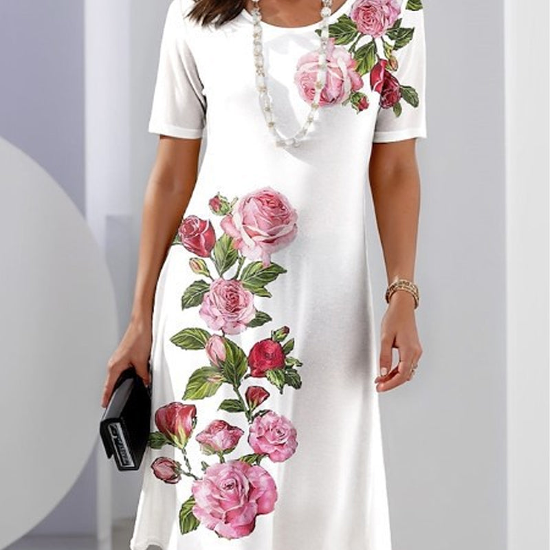 Alexa | Rose Floral Print Scoop Neck Short Sleeve Shift Casual Dress