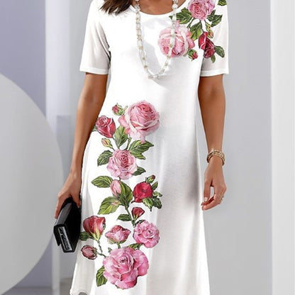 Alexa | Rose Floral Print Scoop Neck Short Sleeve Shift Casual Dress