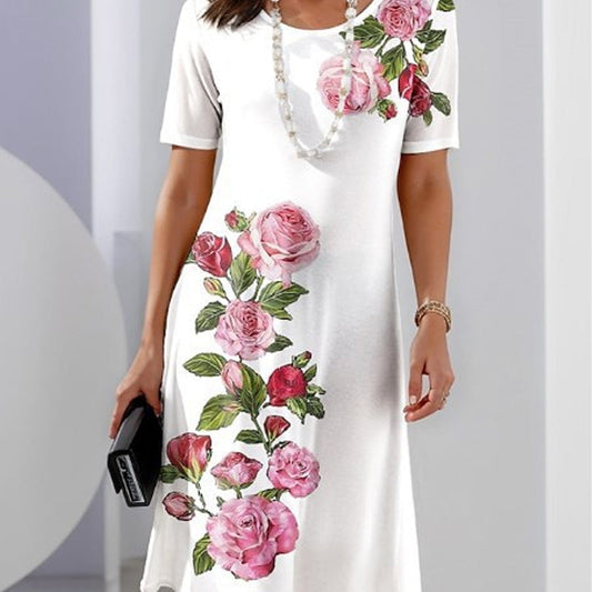Alexa | Rose Floral Print Scoop Neck Short Sleeve Shift Casual Dress