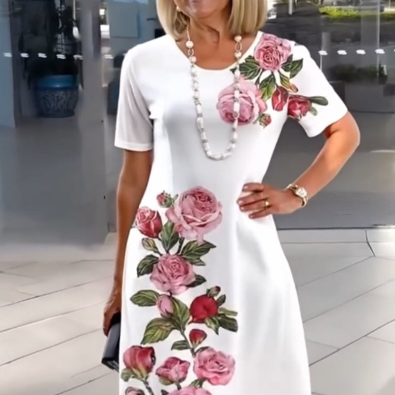 Alexa | Rose Floral Print Scoop Neck Short Sleeve Shift Casual Dress