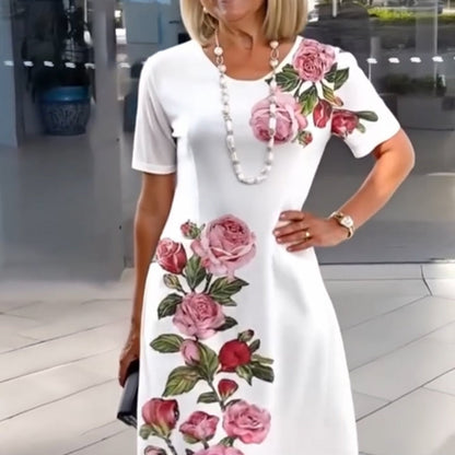 Alexa | Rose Floral Print Scoop Neck Short Sleeve Shift Casual Dress