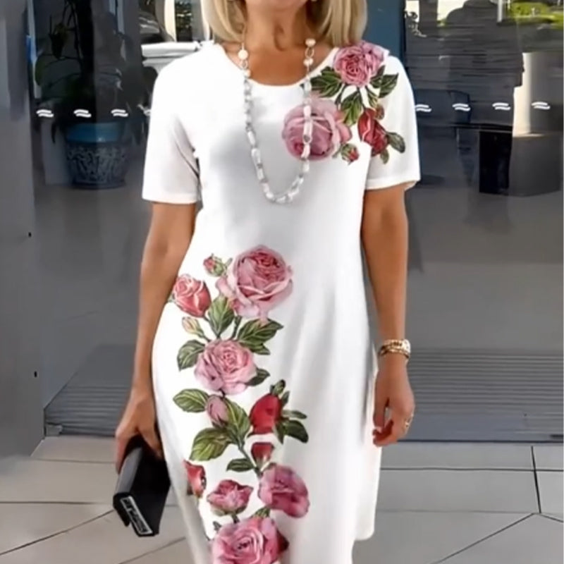 Alexa | Rose Floral Print Scoop Neck Short Sleeve Shift Casual Dress