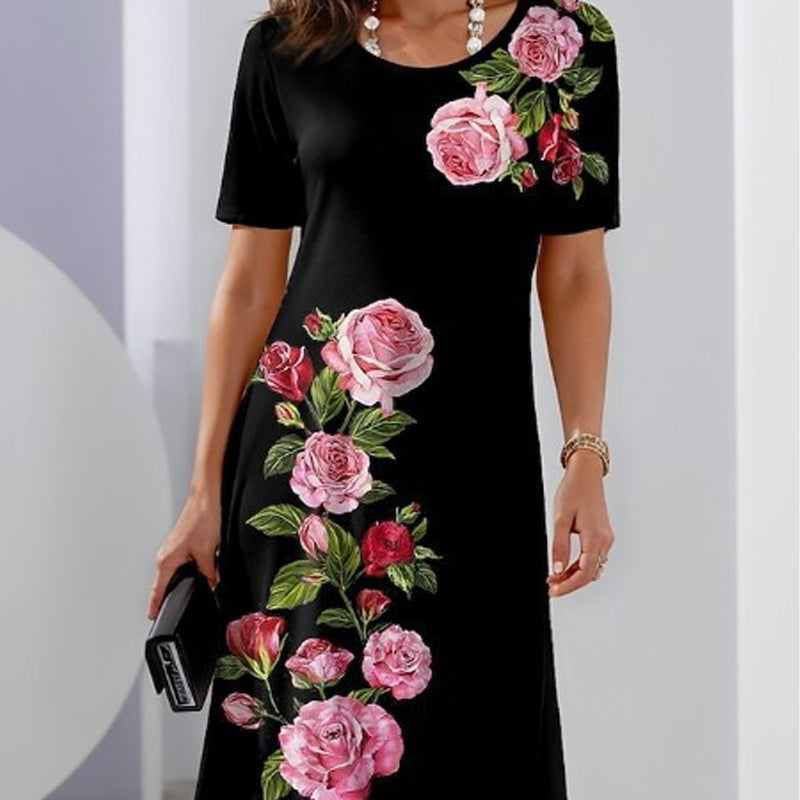 Alexa | Rose Floral Print Scoop Neck Short Sleeve Shift Casual Dress