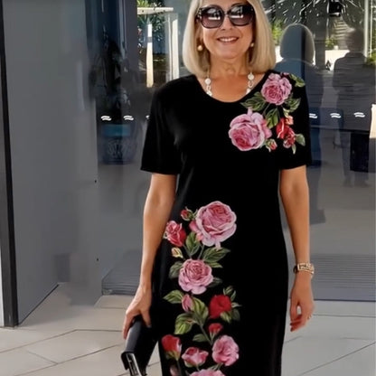 Alexa | Rose Floral Print Scoop Neck Short Sleeve Shift Casual Dress