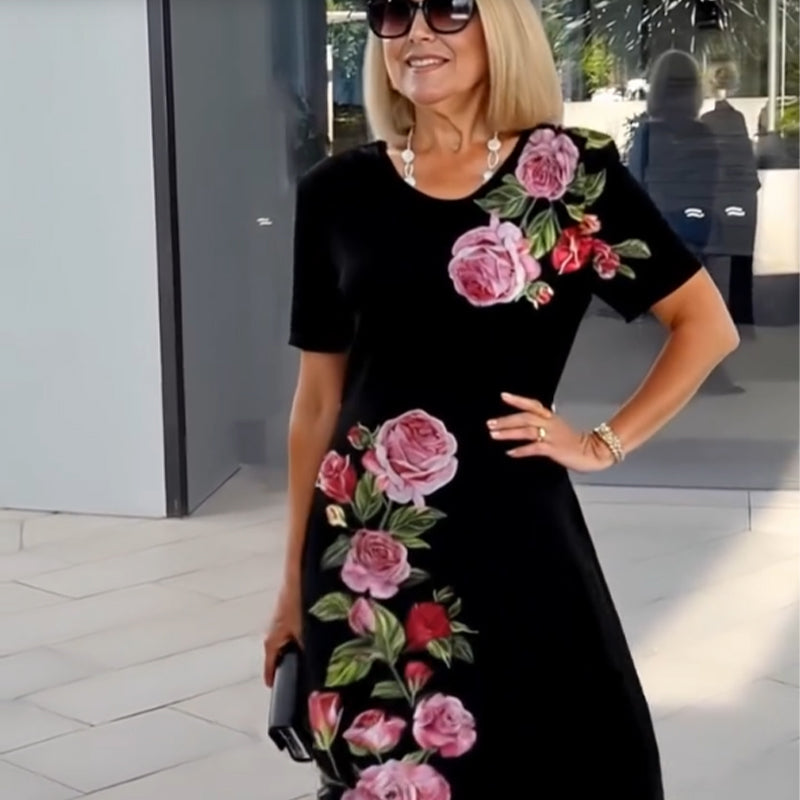 Alexa | Rose Floral Print Scoop Neck Short Sleeve Shift Casual Dress