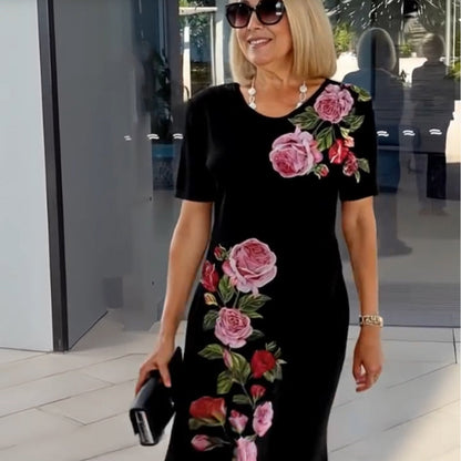 Alexa | Rose Floral Print Scoop Neck Short Sleeve Shift Casual Dress