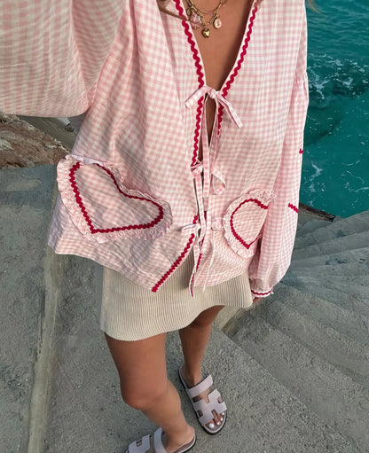 Susan | Gingham Ruffle Trim Tie Front Puff Sleeve Casual Blouse