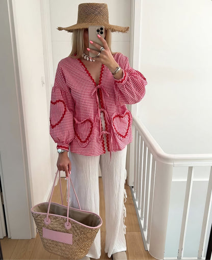 Susan | Gingham Ruffle Trim Tie Front Puff Sleeve Casual Blouse