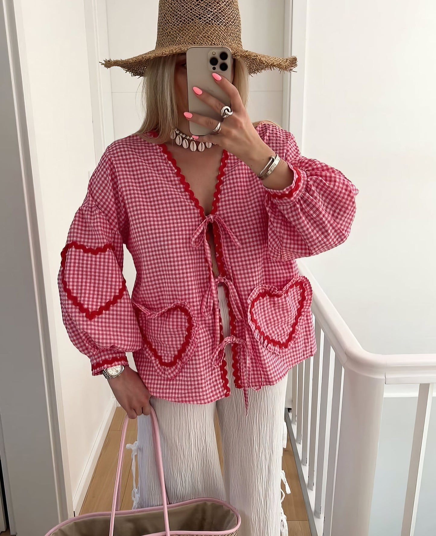 Susan | Gingham Ruffle Trim Tie Front Puff Sleeve Casual Blouse