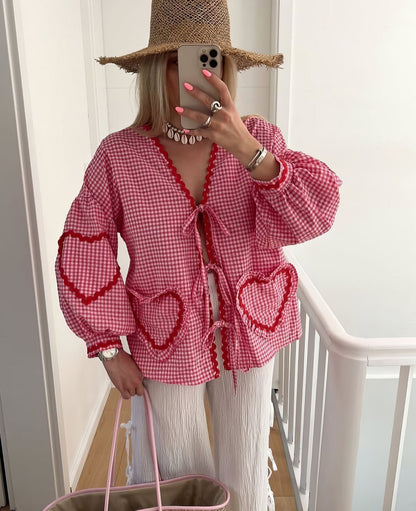 Susan | Gingham Ruffle Trim Tie Front Puff Sleeve Casual Blouse