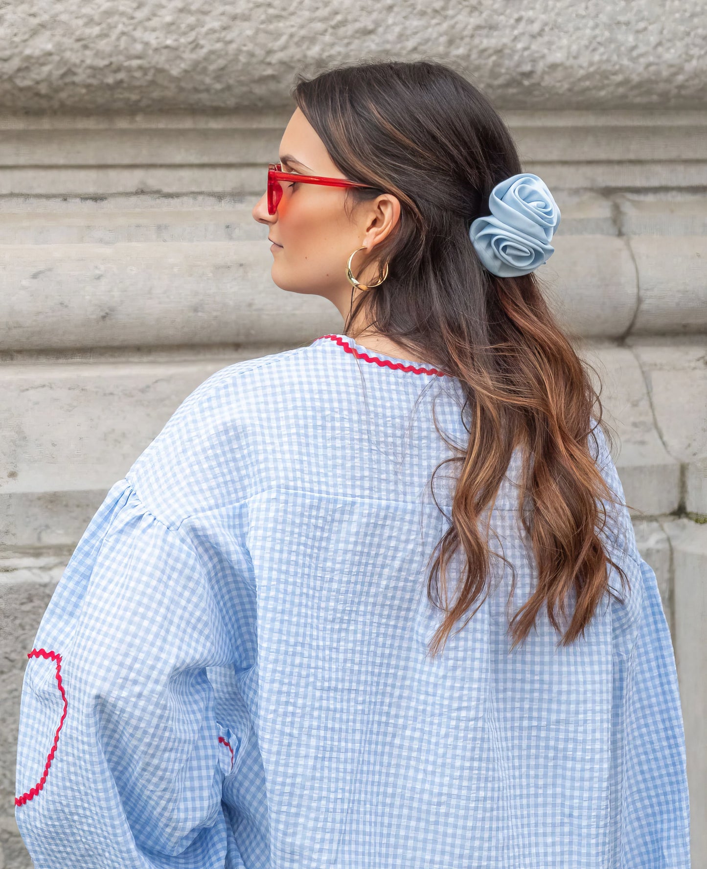 Susan | Gingham Ruffle Trim Tie Front Puff Sleeve Casual Blouse