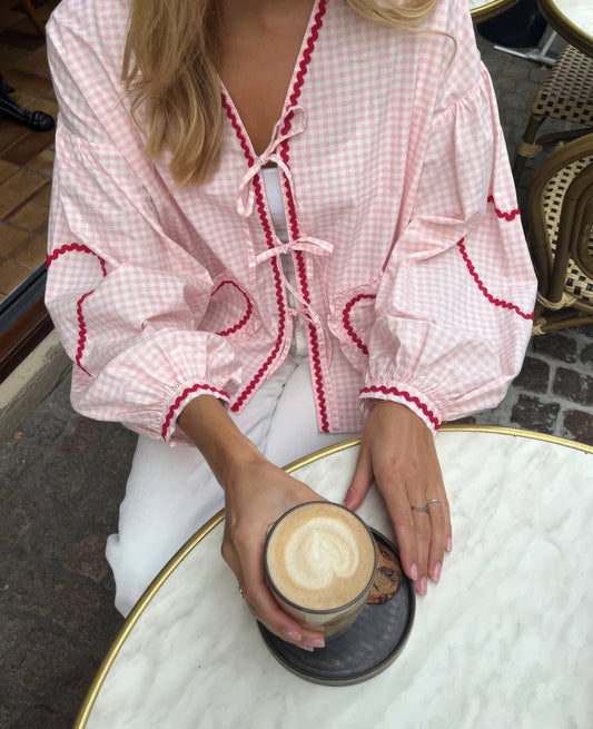 Susan | Gingham Ruffle Trim Tie Front Puff Sleeve Casual Blouse