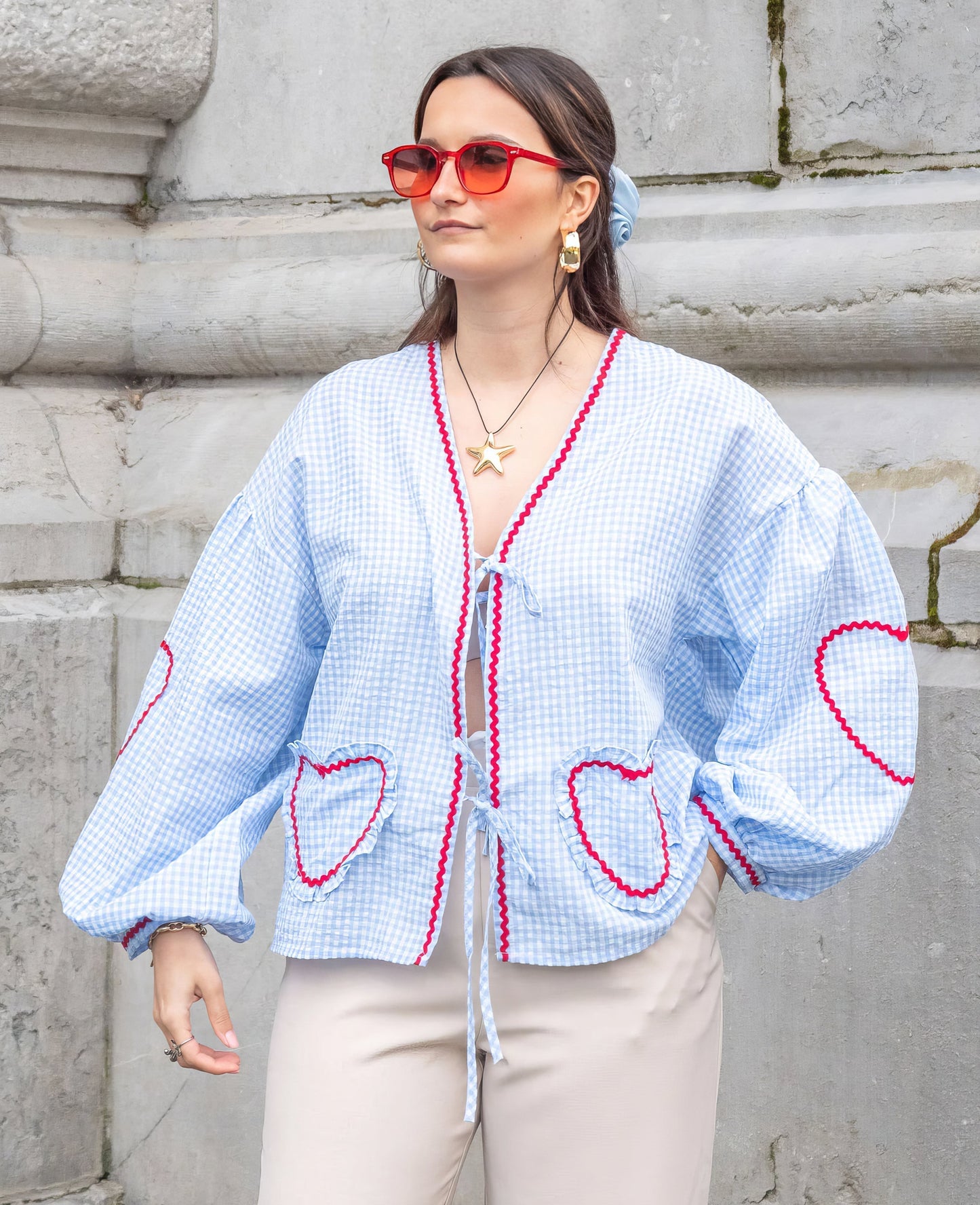 Susan | Gingham Ruffle Trim Tie Front Puff Sleeve Casual Blouse