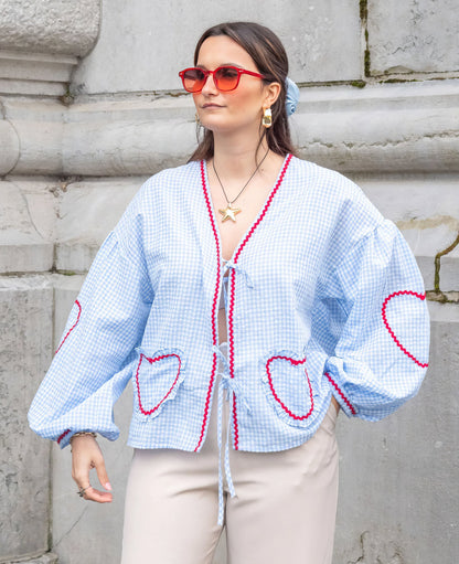 Susan | Gingham Ruffle Trim Tie Front Puff Sleeve Casual Blouse