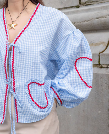 Susan | Gingham Ruffle Trim Tie Front Puff Sleeve Casual Blouse