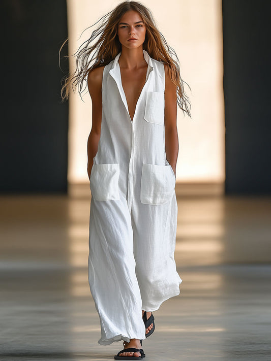 Tempest | Shirt Collar Sleeveless Patch Pocket Wide Leg Linen Blend Jumpsuit