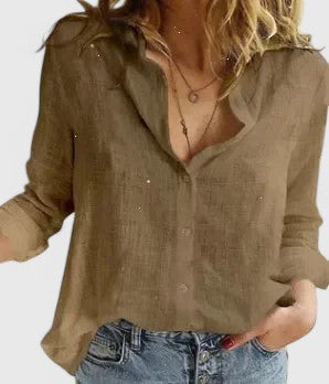 Elena | Lapel Collar Button Down Long Sleeve Relaxed Linen Blouse